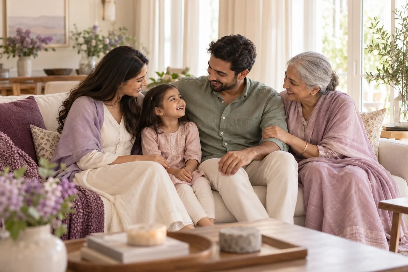 Mother, father, young child and grandmother sharing a warm conversation together on an ivory sofa