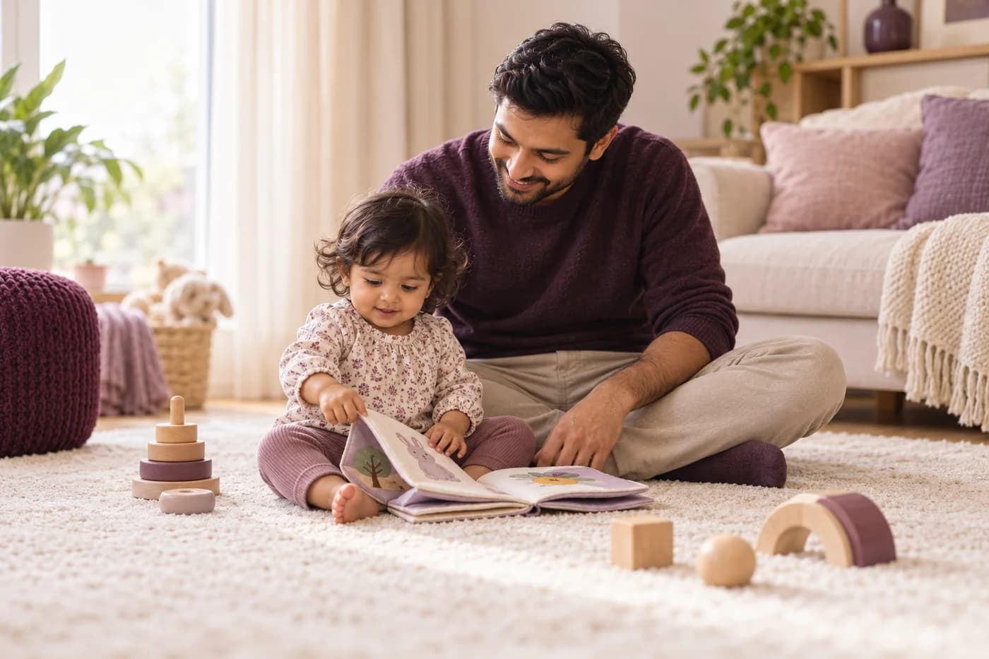 Father sitting at his toddler’s level as they explore a cloth picture book together on a soft rug