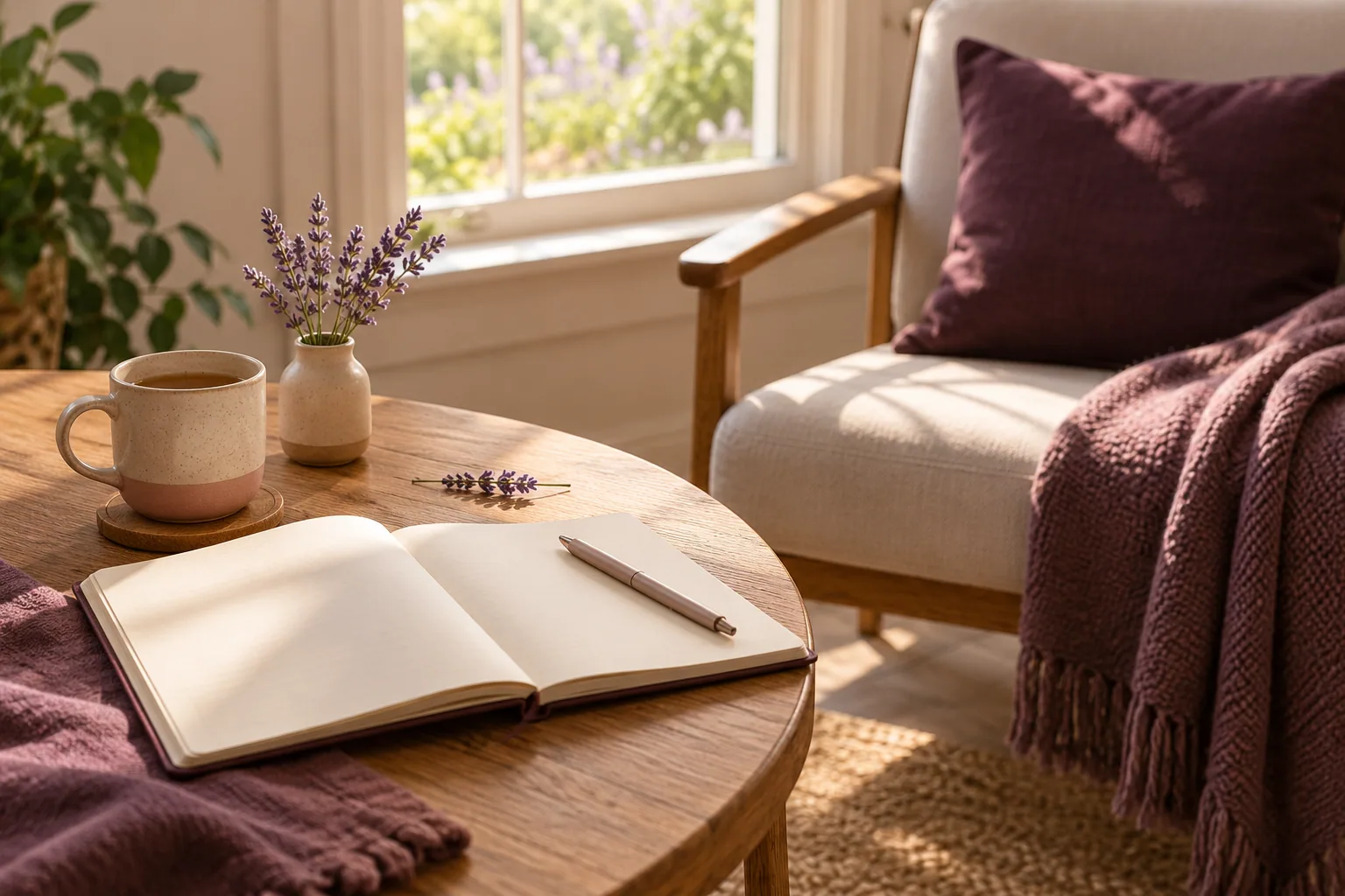 A blank notebook and pen in a calm, sunlit conversation space