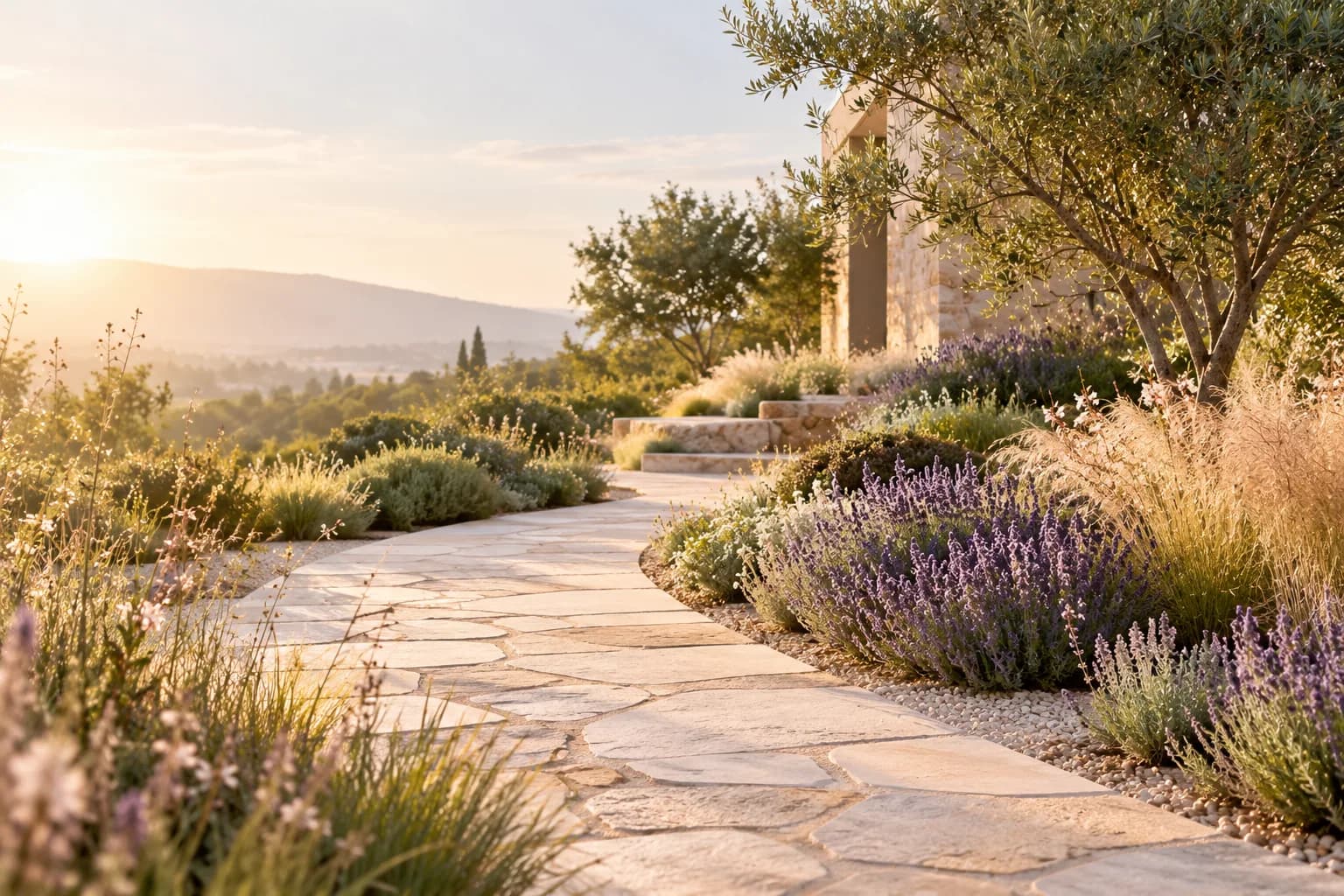 A sunlit stone path curving through lavender and soft garden planting