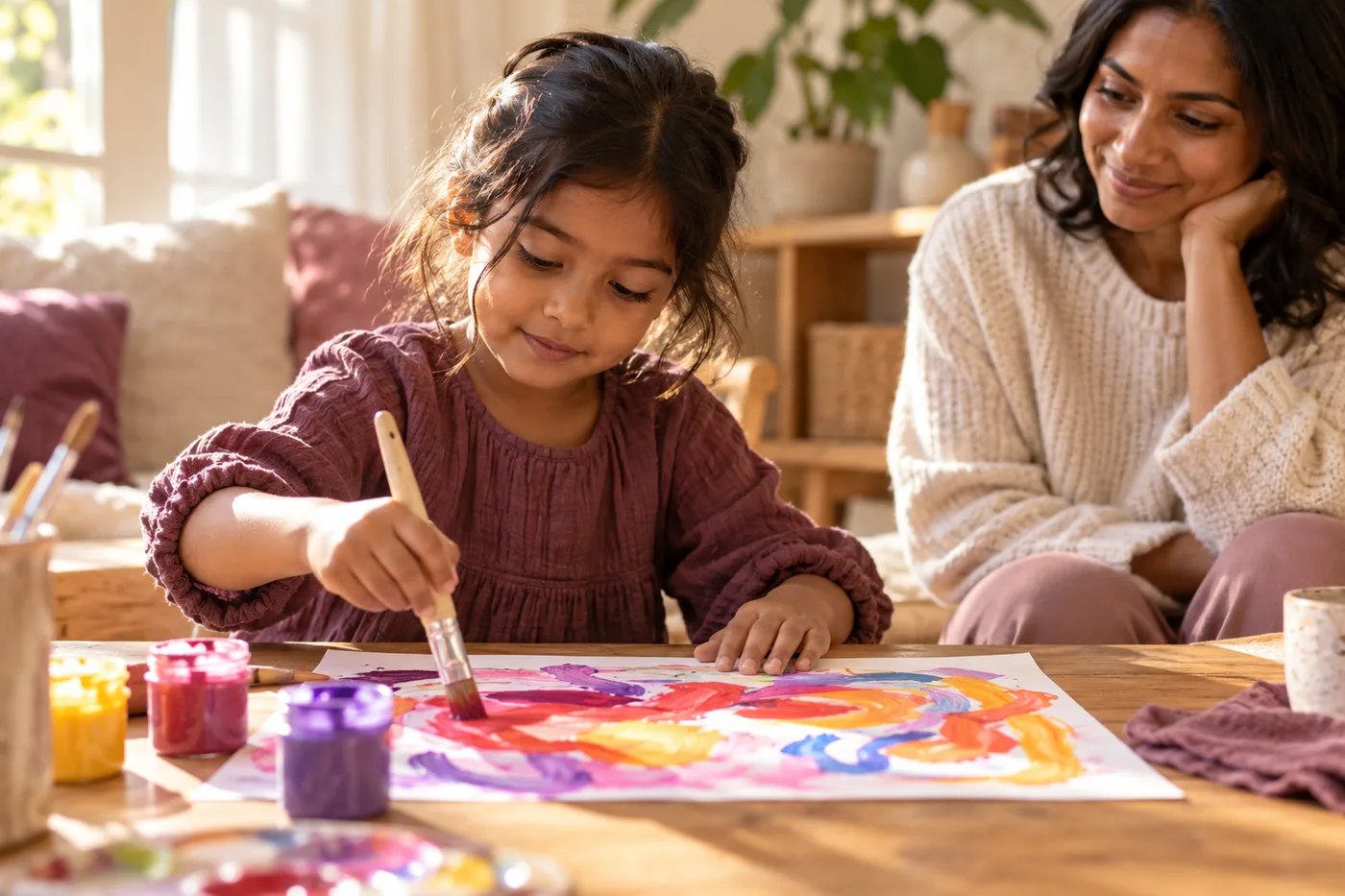 A child exploring painting at a craft table with a caregiver nearby