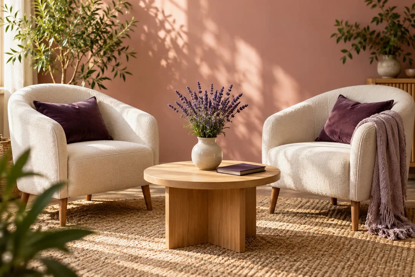Illustrative sunlit sitting area with comfortable chairs and fresh lavender