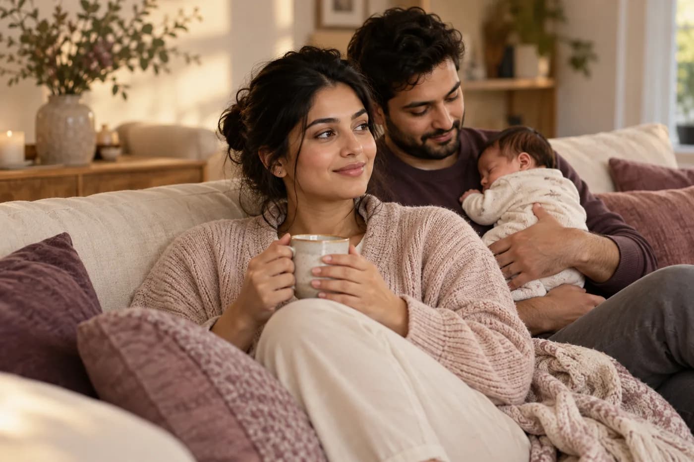 A new mother taking time to rest while her partner holds their baby