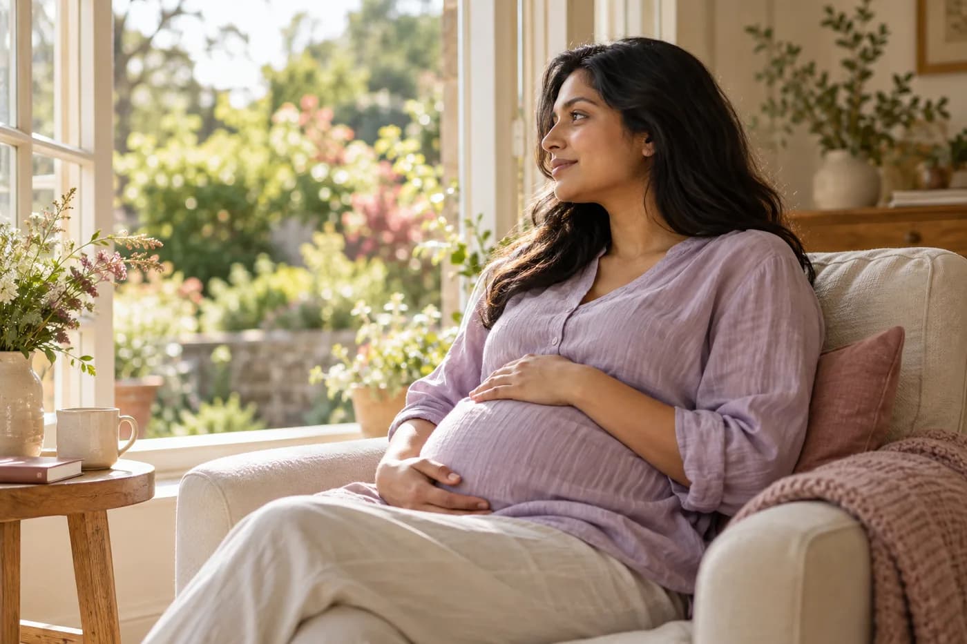 Expectant mother taking a quiet moment beside a sunlit window