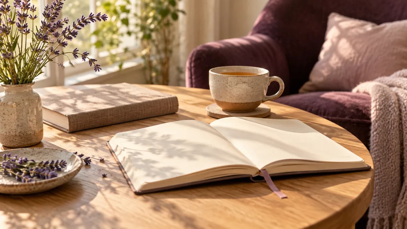 Open blank notebook, tea and lavender in a quiet sunlit reading nook
