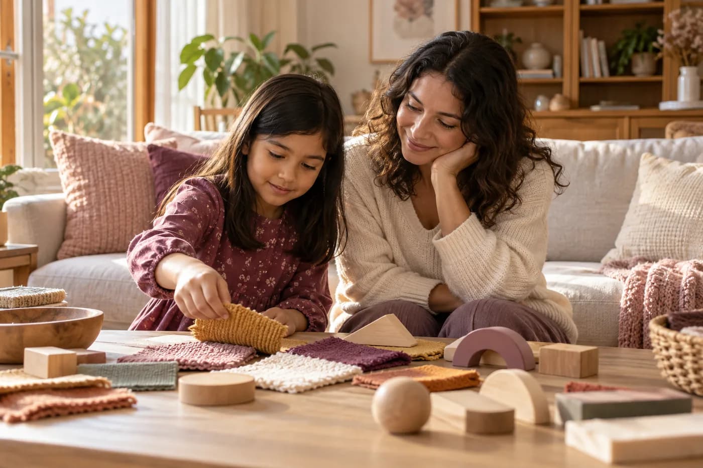 A child choosing tactile materials while a caregiver follows their interests