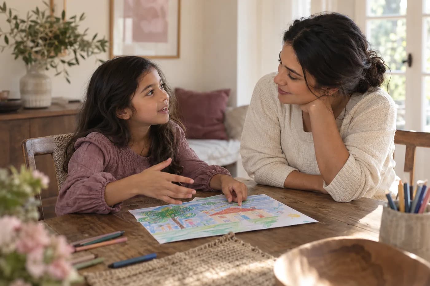 A parent listening as their child shares a drawing at home