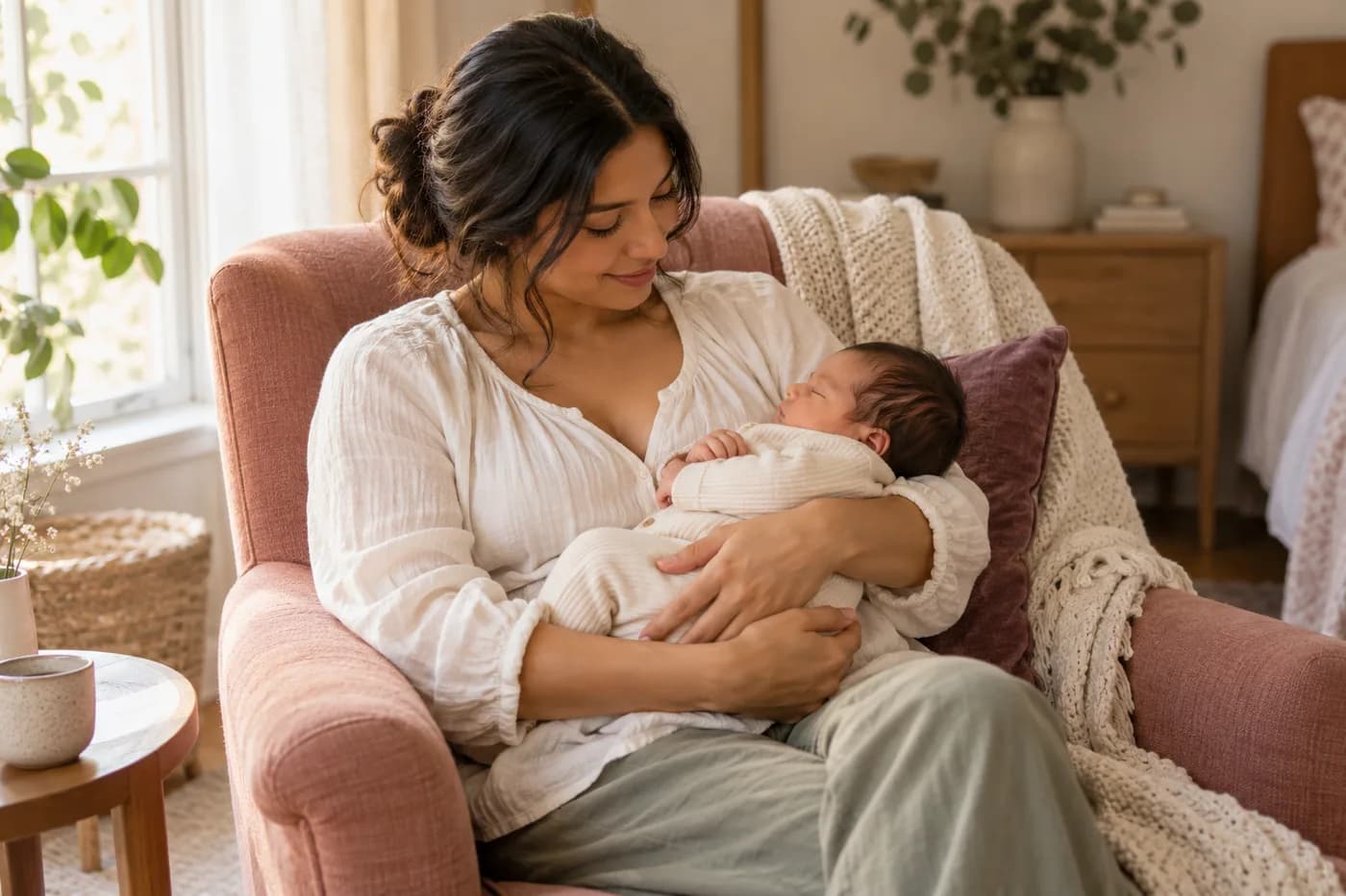 A new mother resting in an armchair while holding her newborn