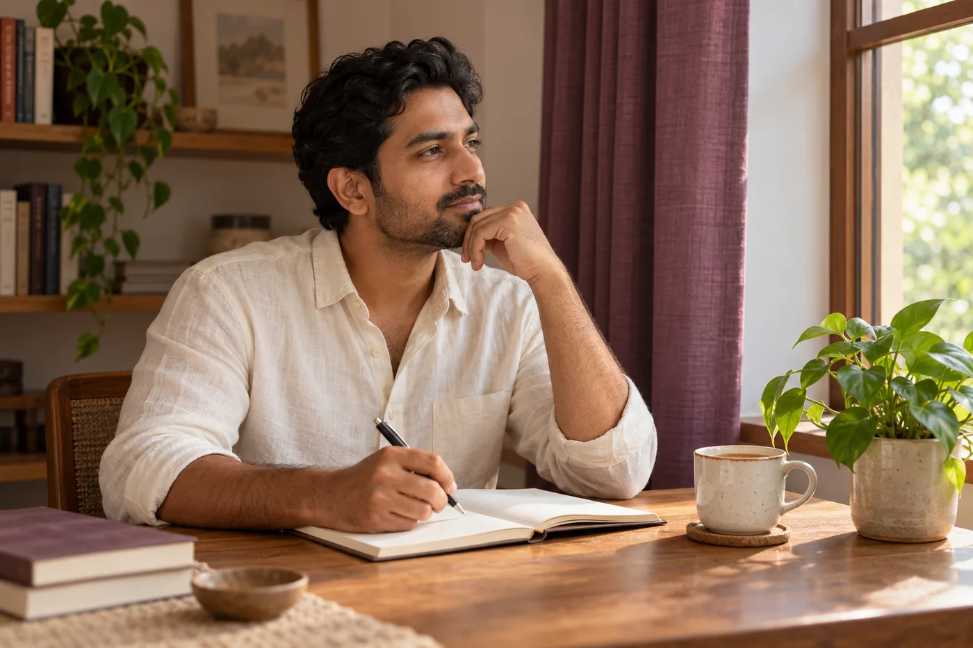 An adult taking time to reflect and write in a journal beside a window