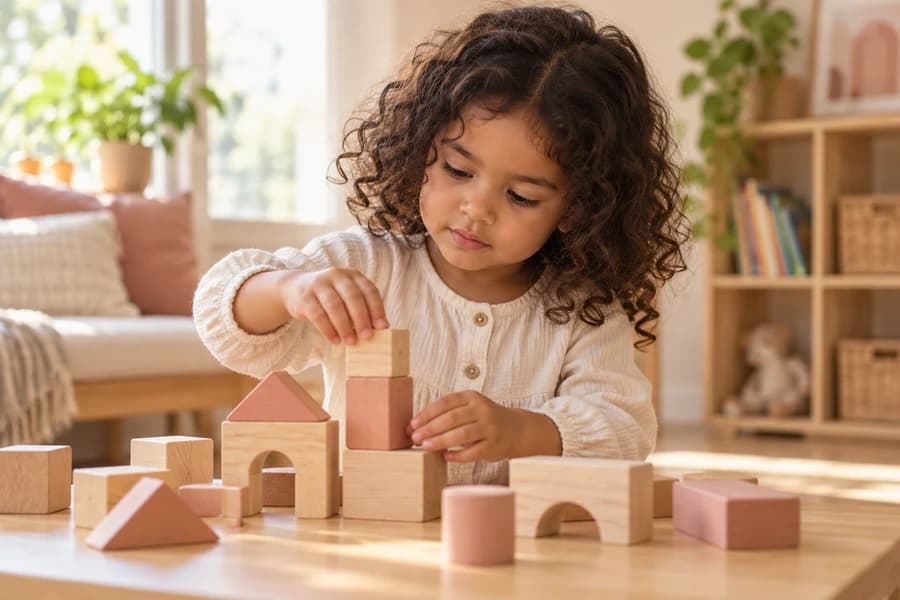 Child exploring wooden building blocks in a sunlit room