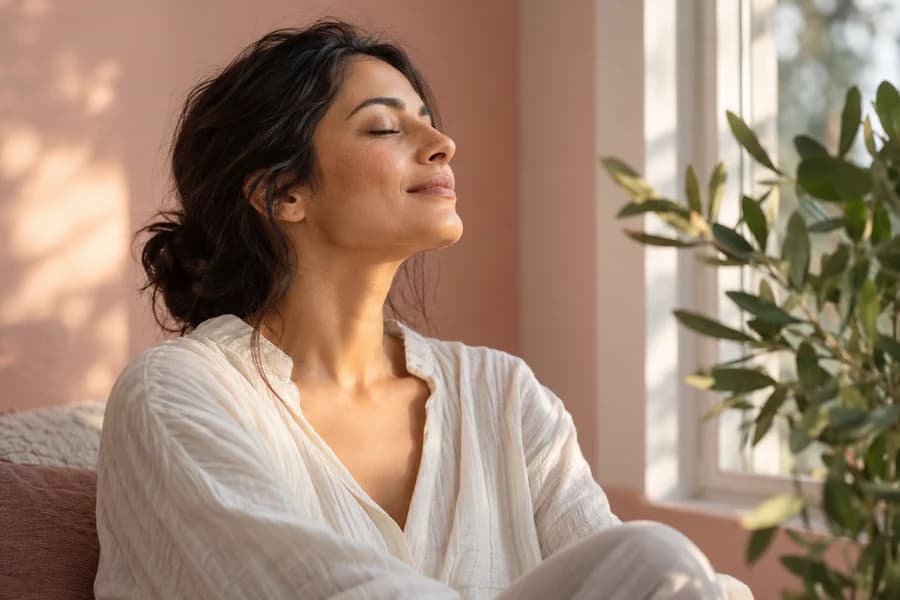 Woman taking a quiet moment beside a window