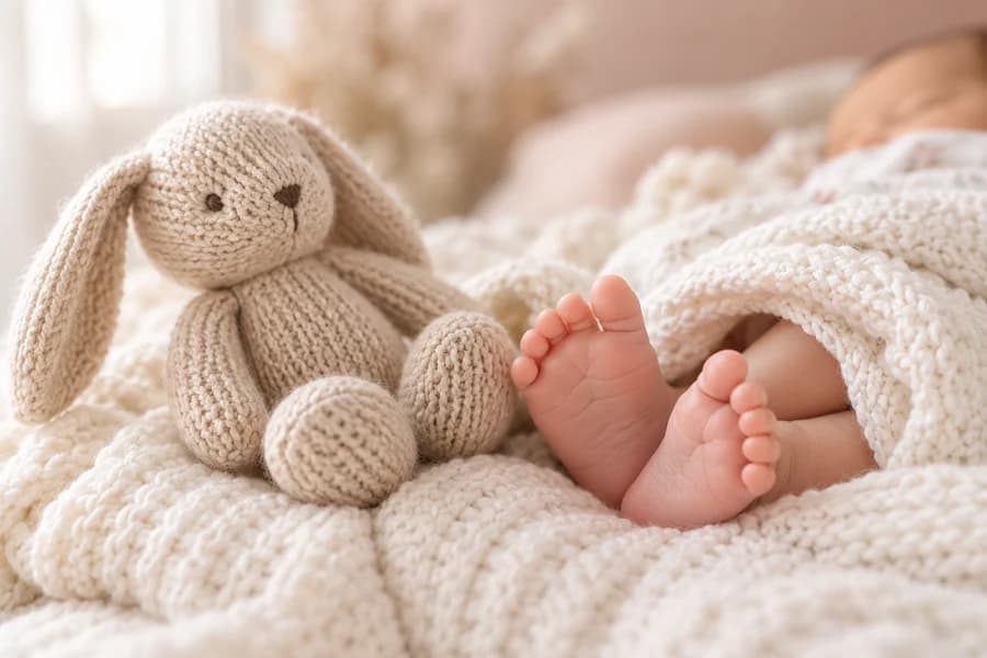 Newborn's feet beside a soft knitted rabbit